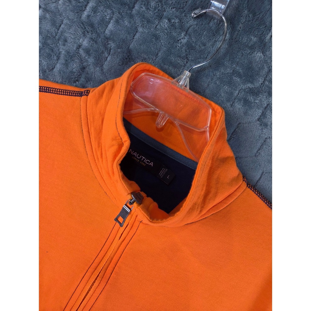 Nautica Mens Large Orange Quarter Zip Pullover Cotton Long Sleeve Mock Neck Logo